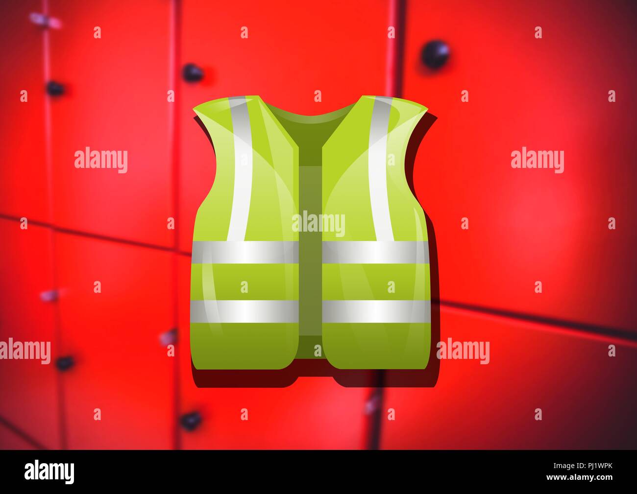Safety hi visibility vest and red lockers Stock Photo