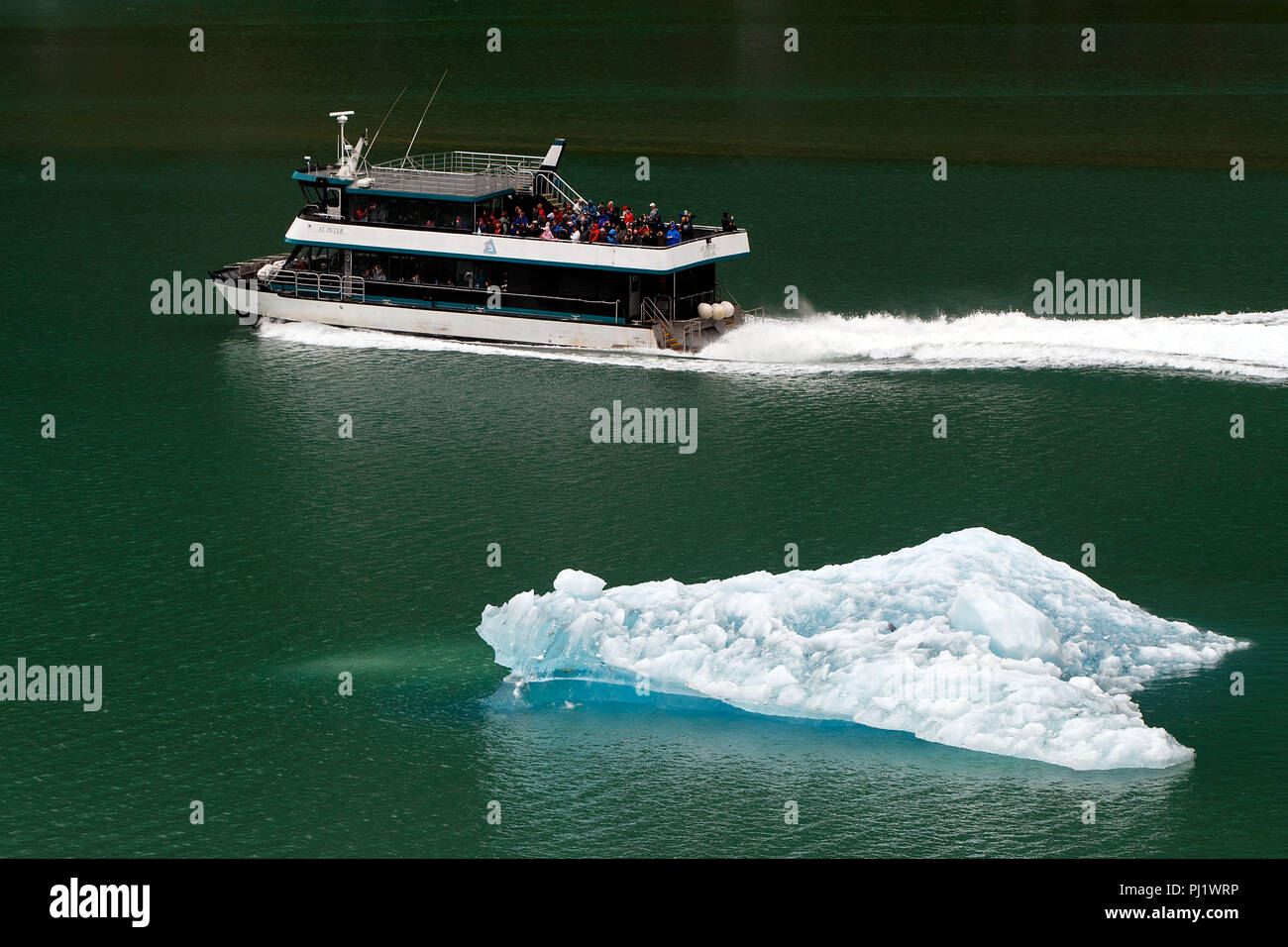 Tour boat passes an iceberg, Tracy Arm Fjord, Tracy Arm-Fords Terror Wilderness, Alaska Inside Passage, Alaska, United States of America Stock Photo
