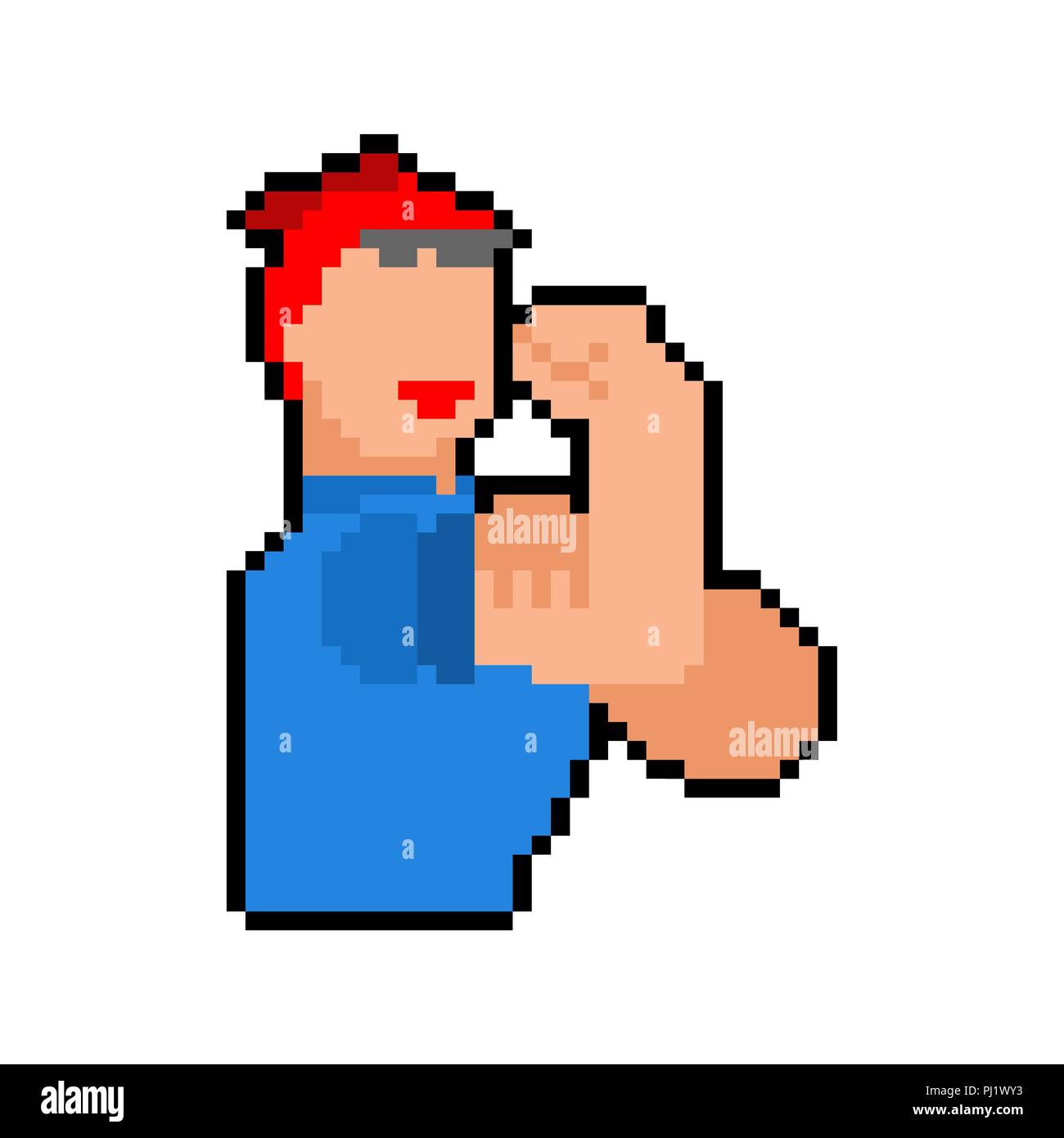 We can do it pixel art woman symbol power female. girl showing fist 8 bit. Vector illustration Stock Vector