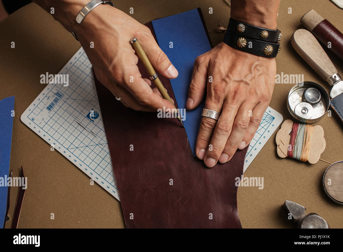 Traditional leather making process handmade hires stock photography