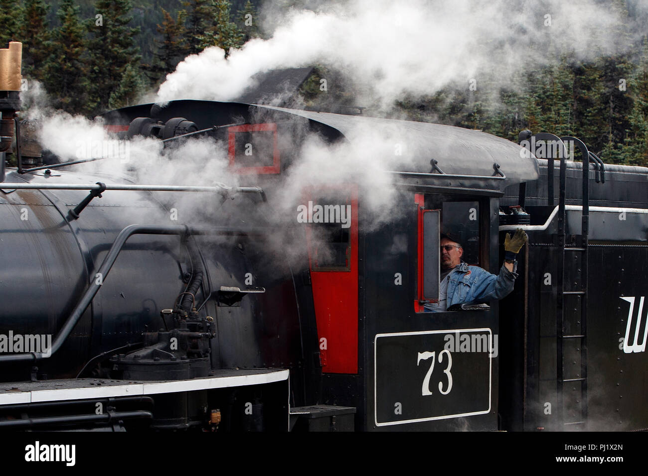Steam train engine and engineer, White Pass and Yukon Route Railway