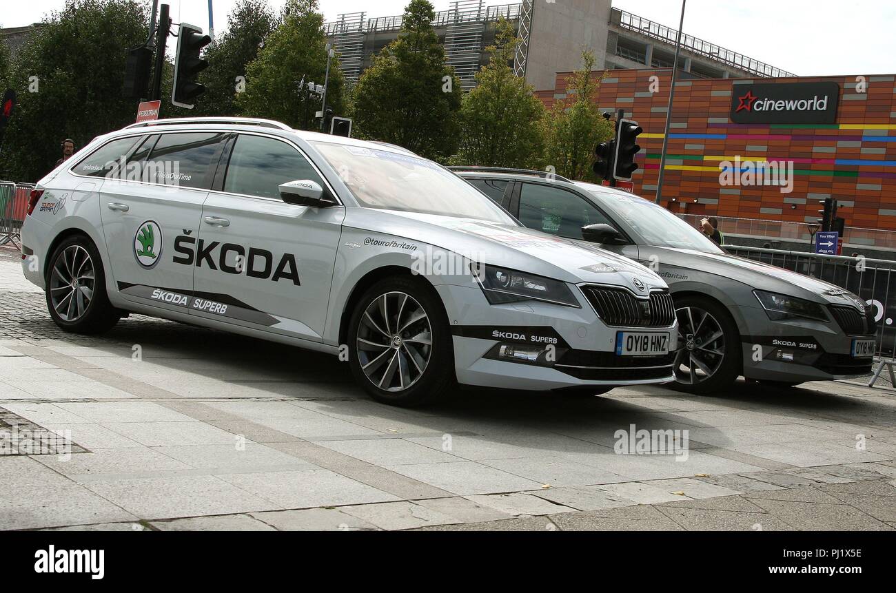 Skoda sponsorship during the 1st stage of the Tour of Britain 2018 in the city of Newport South Wales GB UK 2018 Stock Photo