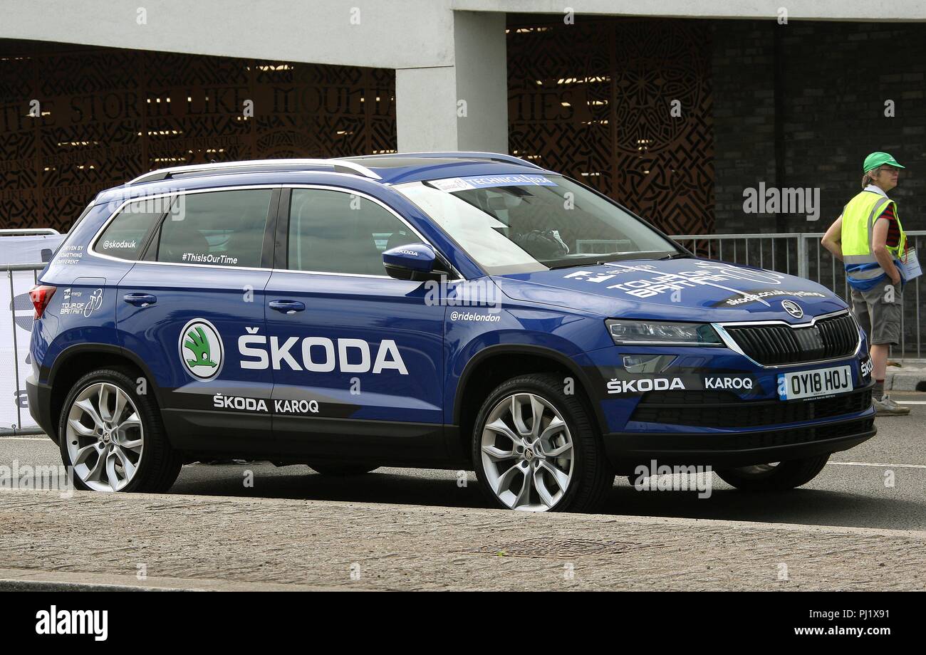 Skoda sponsorship during the 1st stage of the Tour of Britain 2018 in the city of Newport South Wales GB UK 2018 Stock Photo