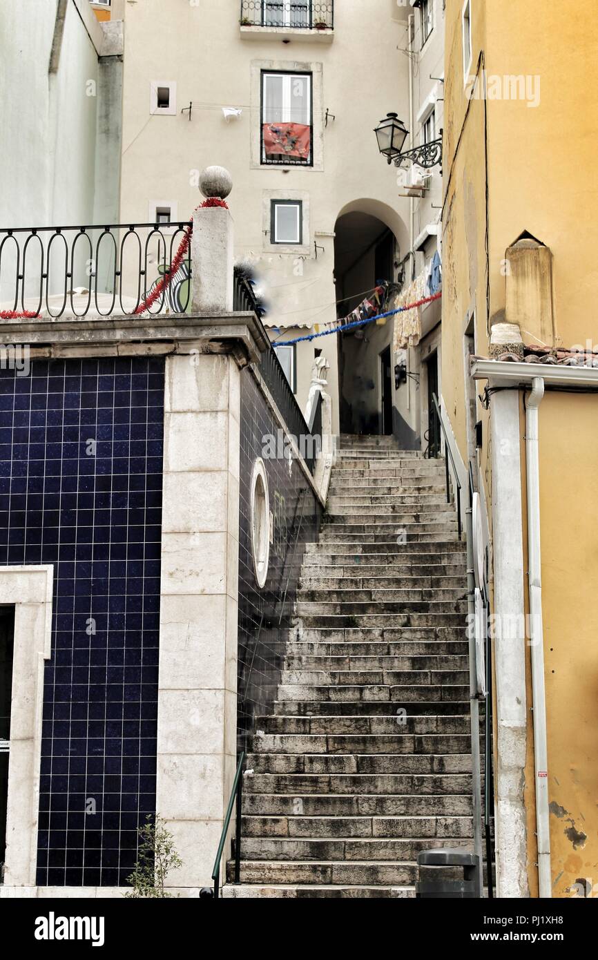 Old colorful houses and narrow streets of Lisbon, Portugal in Spring ...