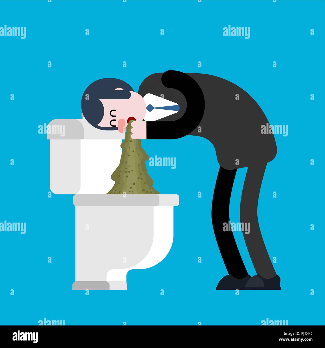 Vomit man in toilet. Puke Vector illustration. Retching cartoon. Vomitus Stock Vector