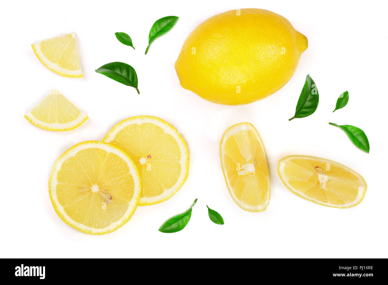 lemon and slices with leaf isolated on white background. Flat lay, top view. Stock Photo