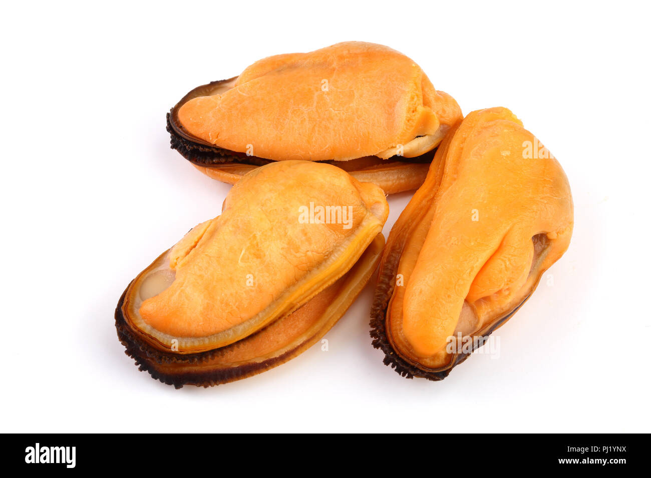 three mussel without shell isolated on white background Stock Photo Alamy