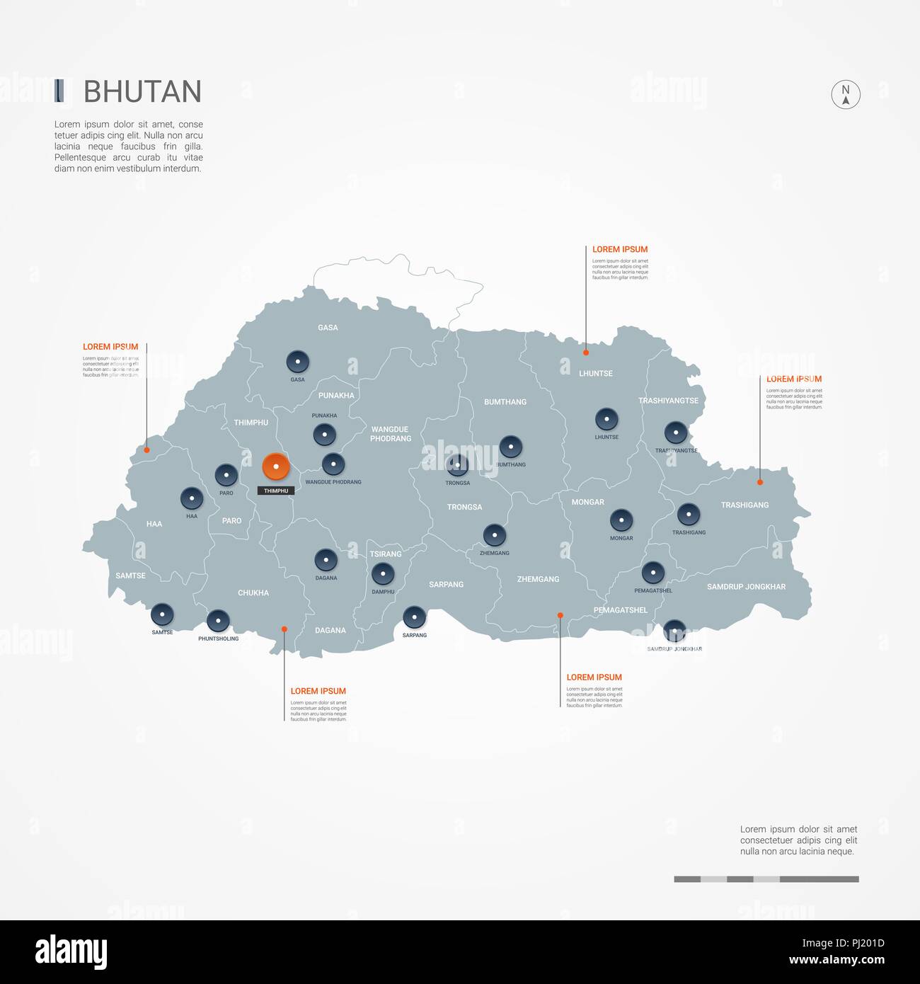 Bhutan map with borders, cities, capital and administrative divisions