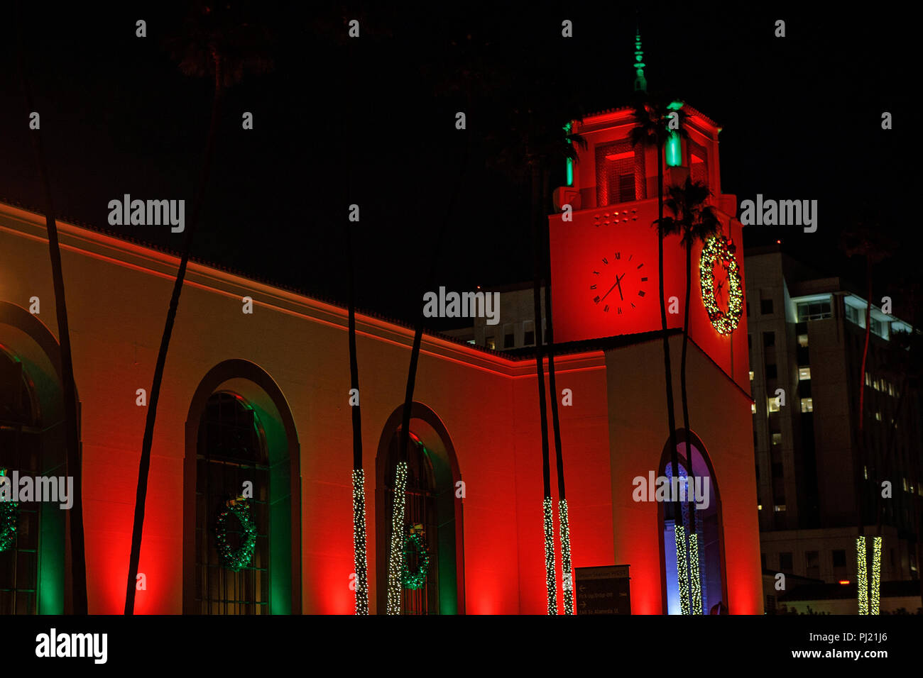 Union Station illuminated for Christmas, Los Angeles, California, United States of America Stock Photo