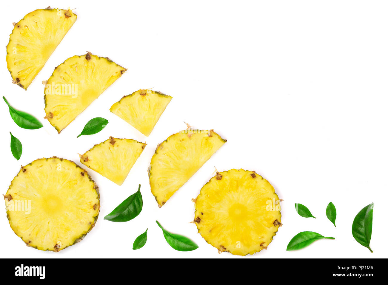 Sliced pineapple with leaf isolated on white background with copy space ...
