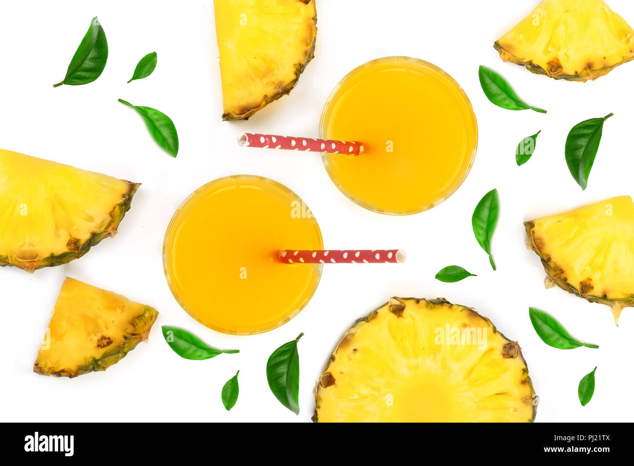 pineapple juice in a glass with pineapple slices isolated on white ...