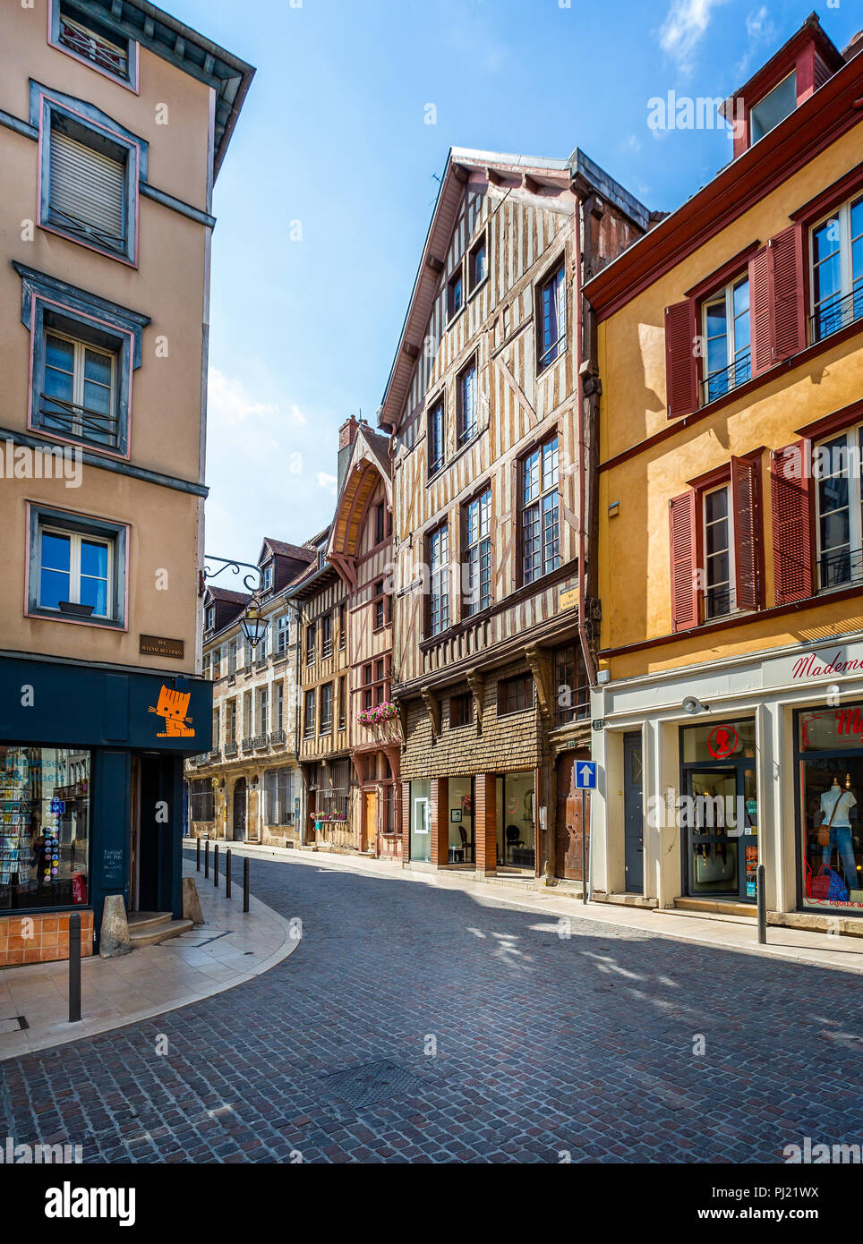 Historic centre of Troyes with half timbered buildings in Troyes, Aube, France on 31 August 2018 Stock Photo