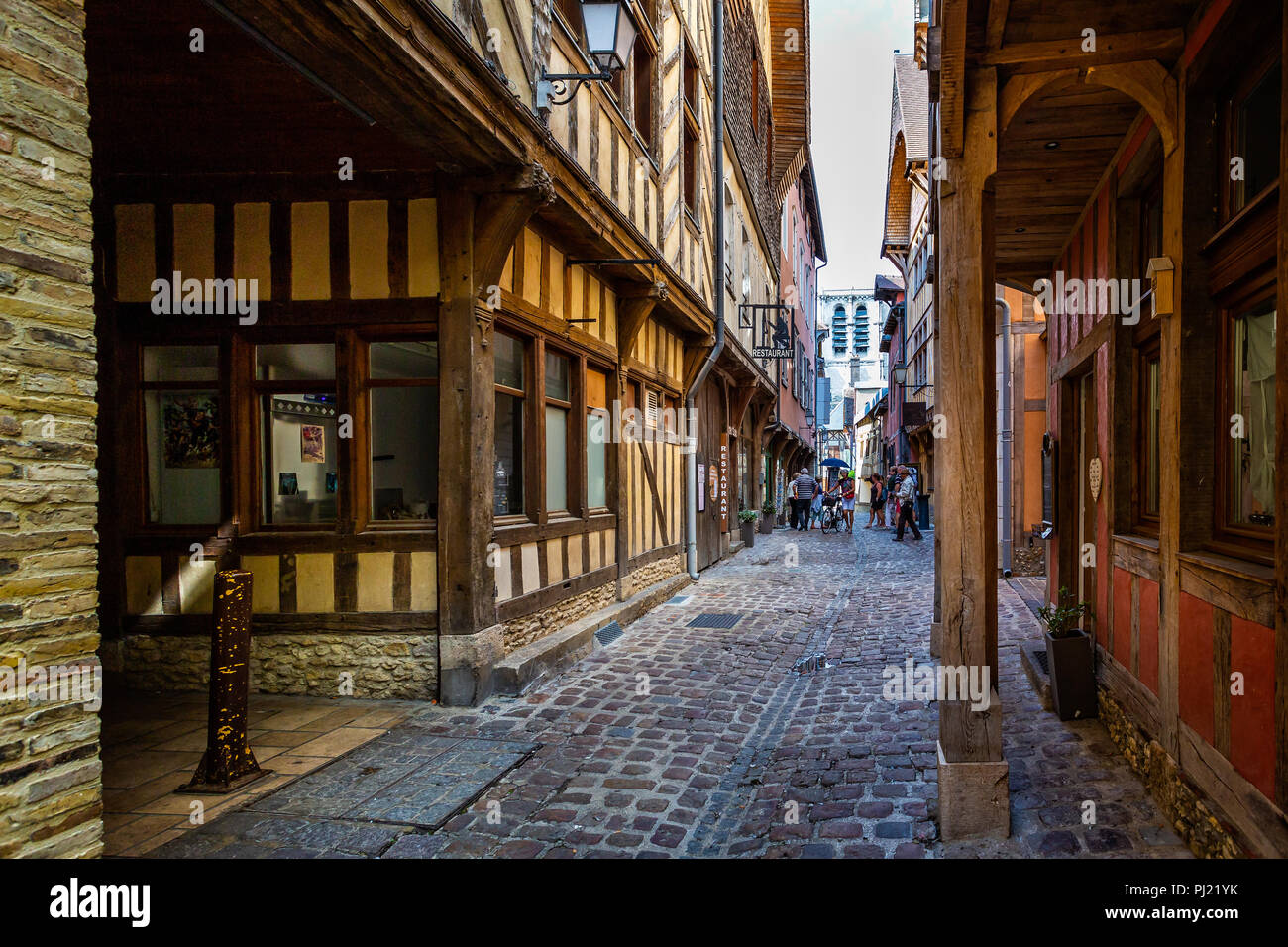 Alley of Cats in historic centre of Troyes with half timbered buildings in Troyes, Aube, France on 31 August 2018 Stock Photo