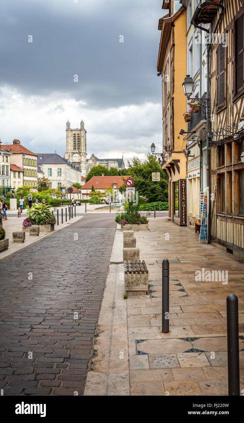 View of Troyes Cathedral from historic medieval centre of Troyes with half timbered buildings in Troyes, Aube, France on 31 August 2018 Stock Photo