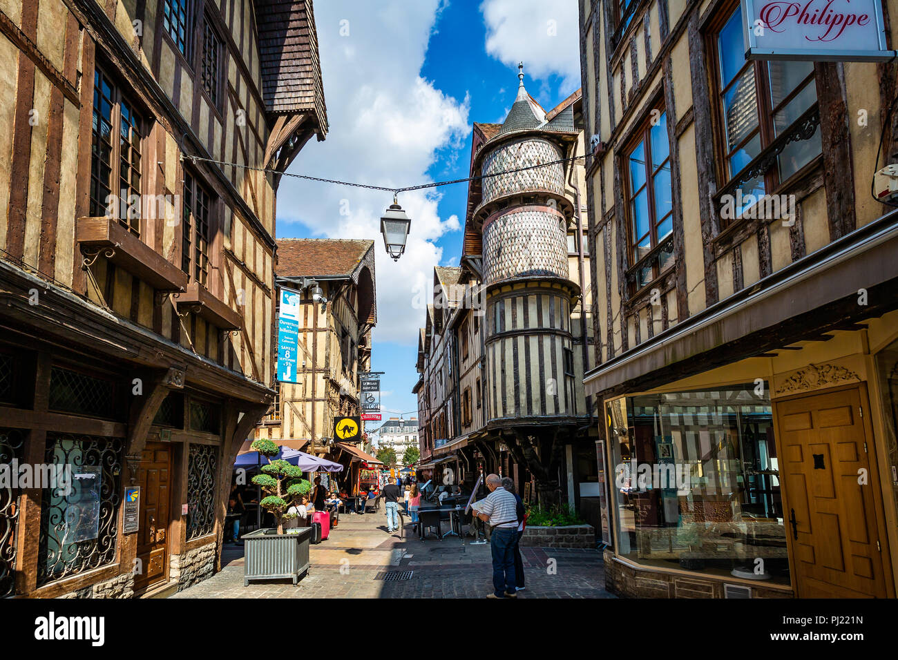Turreted medieval bakers house in historic centre of Troyes with half timbered buildings in Troyes, Aube, France on 31 August 2018 Stock Photo