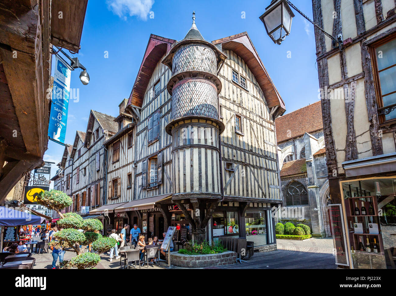 Turreted medieval bakers house in historic centre of Troyes with half timbered buildings in Troyes, Aube, France on 31 August 2018 Stock Photo