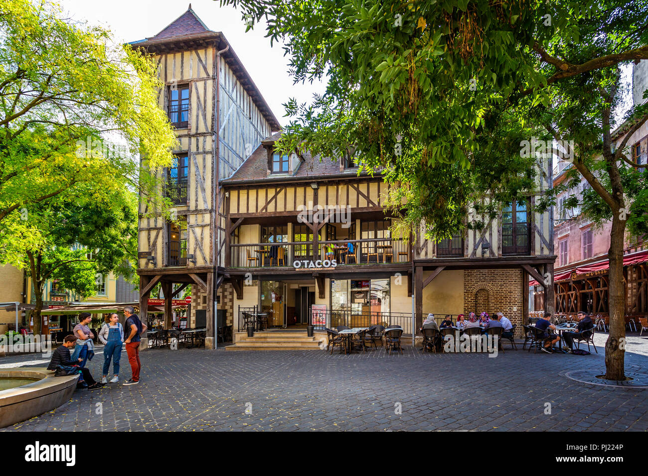 Half timbered building in historic centre of Troyes, Aube, France on 31 August 2018 Stock Photo