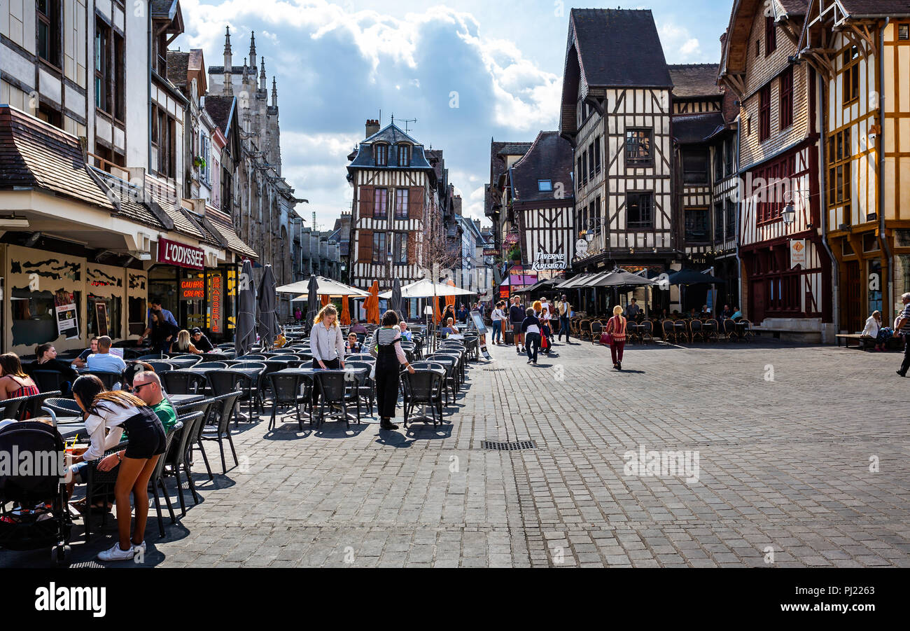 Medieval centre of Troyes with half timbered buildings in Troyes, Aube, France on 31 August 2018 Stock Photo