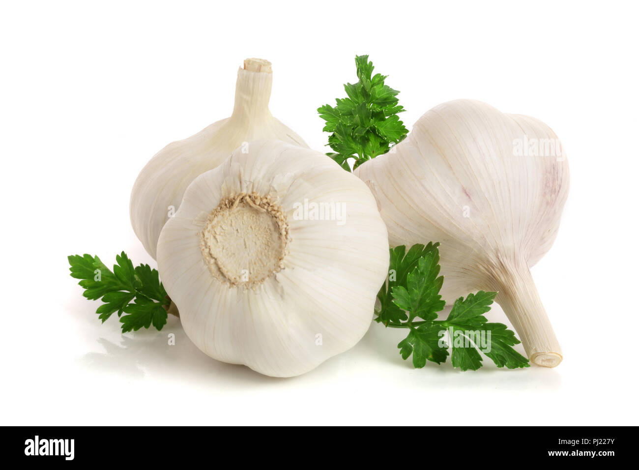 garlic with parsley leaf isolated on white background Stock Photo - Alamy