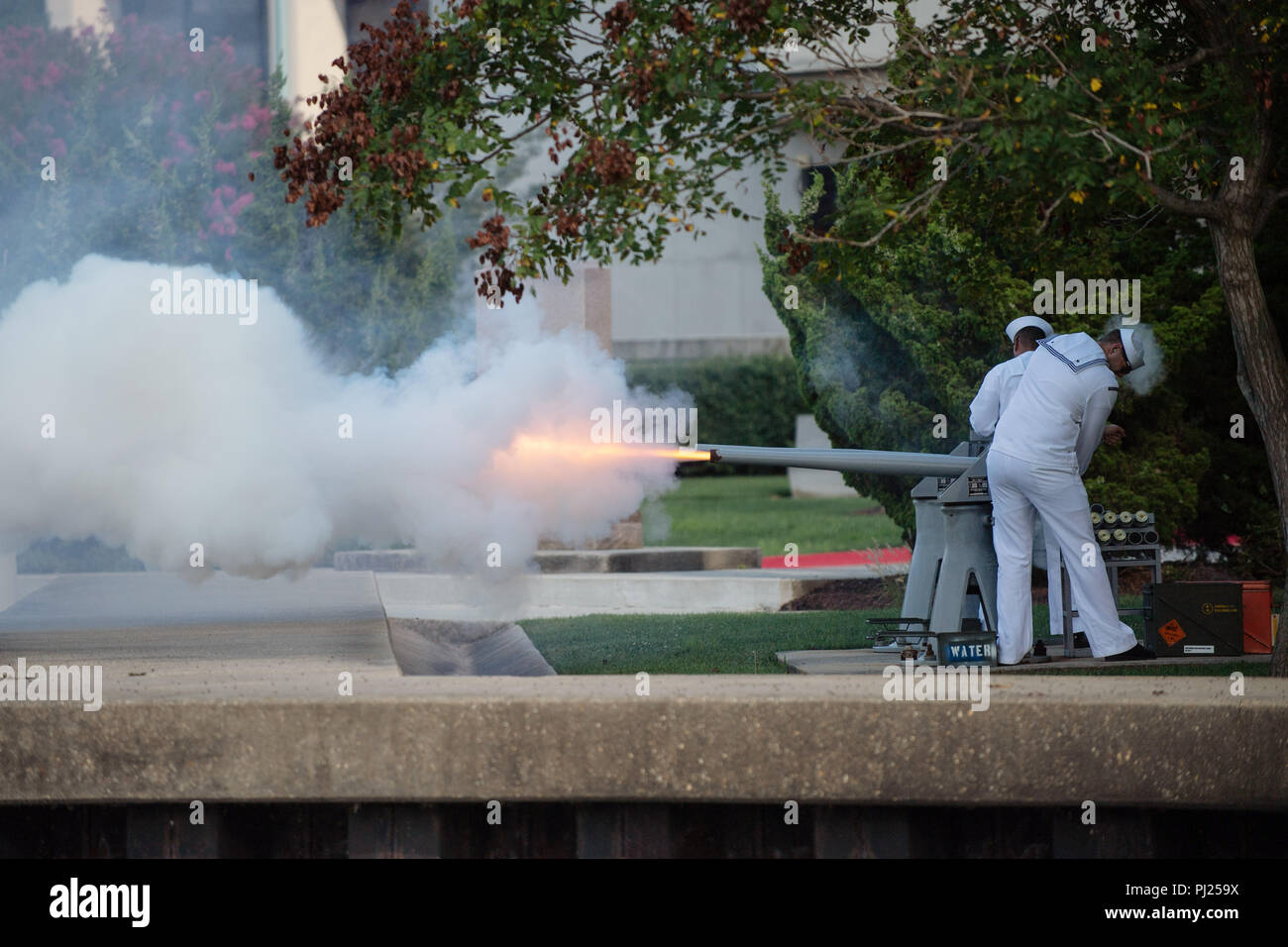 Midshipmen fire a 19-gun salute for Sen. John McCain as he is laid to rest at the United States Naval Academy Cemetery at Hospital Point September 2, 2018 in Annapolis, Maryland. John S. McCain, III graduated from the United States Naval Academy in 1958. He was a pilot in the United States Navy, a prisoner of war in Vietnam, a Congressmen and Senator and twice presidential candidate. He received numerous awards, including the Silver Star, Legion of Merit, Purple Heart, and Distinguished Flying Cross. Stock Photo