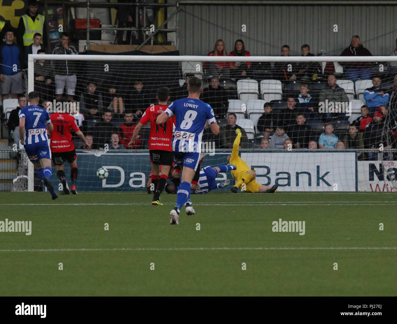 Seaview, Belfast, Northern Ireland.03 September 2018. Danske Bank Premiership - Crusaders v Coleraine. Action from tonight's game at Seaview. Josh Carson scores for Coleriane.Credit: David Hunter/Alamy Live News. Stock Photo