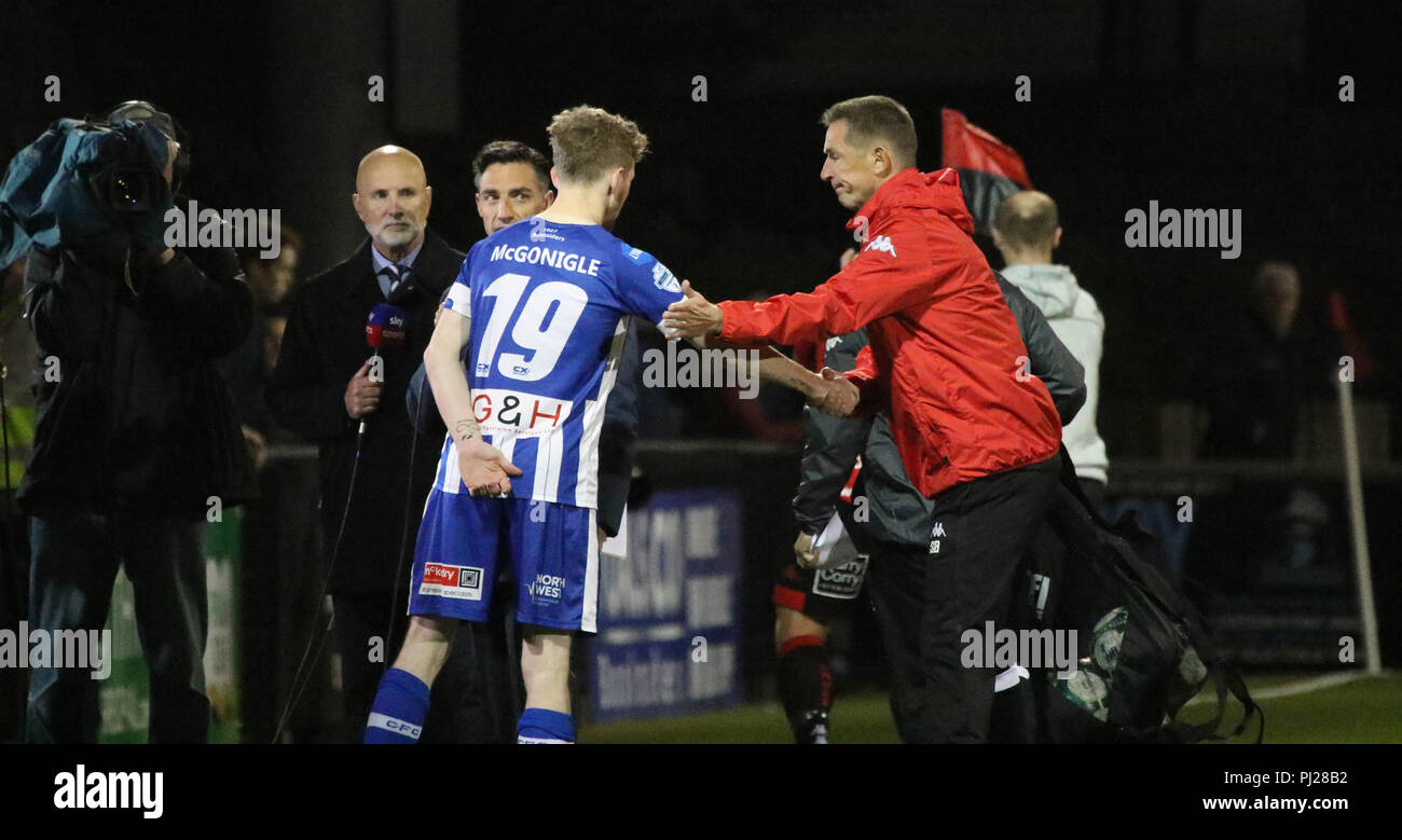 Seaview, Belfast, Northern Ireland.03 September 2018. Danske Bank Premiership - Crusaders v Coleraine. Action from tonight's game at Seaview. Crusaders' manager Stephen Baxter congratulates Jamie McGonigle post-match. Credit: David Hunter/Alamy Live News. Stock Photo