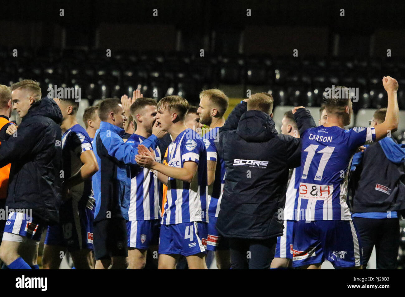 Seaview, Belfast, Northern Ireland.03 September 2018. Danske Bank Premiership - Crusaders v Coleraine. Action from tonight's game at Seaview. Coleraine players celebrate their 3-0 win over champions Crusaders. Credit: David Hunter/Alamy Live News. Stock Photo