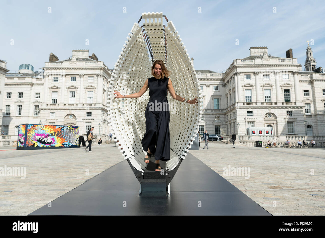London, Britain. 3rd Sep, 2018. Design engineer Nassia Inglessis is seen with an installation at the London Design Biennale in London, Britain, on Sept. 3, 2018. Credit: Ray Tang/Xinhua/Alamy Live News Stock Photo