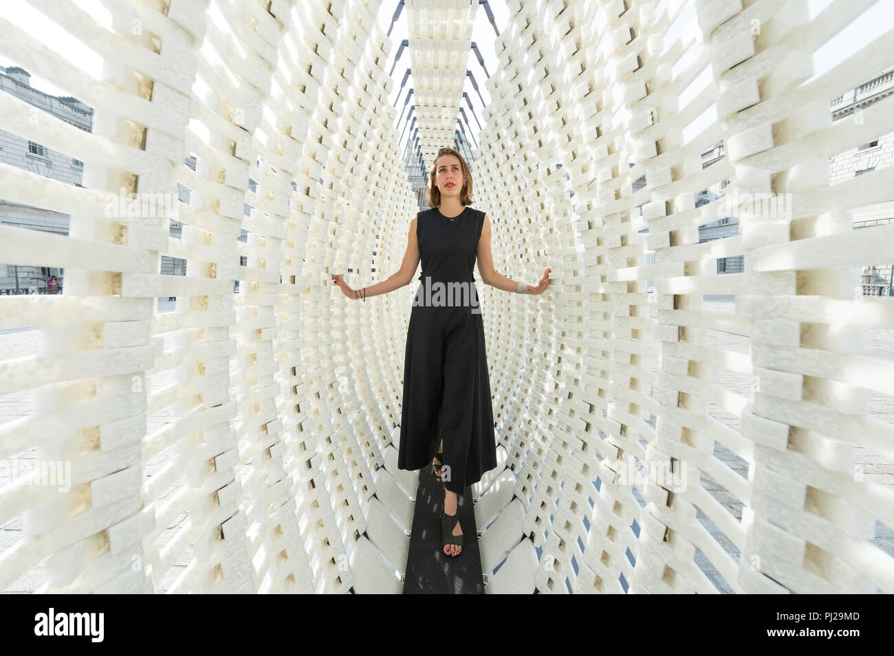 London, Britain. 3rd Sep, 2018. Design engineer Nassia Inglessis is seen with an installation at the London Design Biennale in London, Britain, on Sept. 3, 2018. Credit: Ray Tang/Xinhua/Alamy Live News Stock Photo