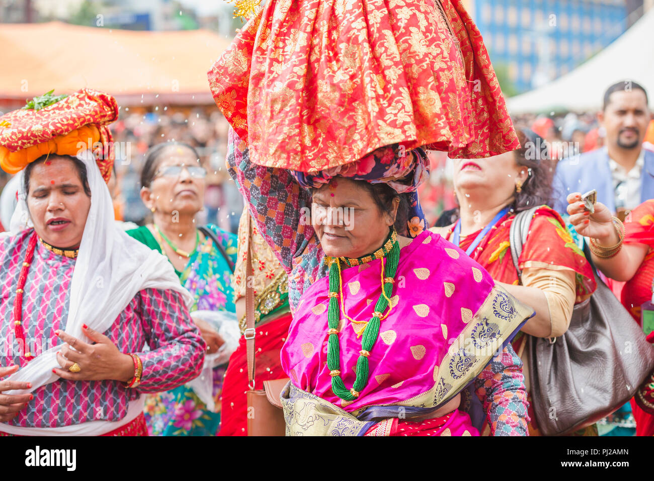 Kathmandu, Nepal. 3rd Sept 2018. Women dancing with Carrying Gaura on their Heads on the occasion of Gaura Festival in Kathmandu.The Gaura Festival is celebrated by the Hindu peoples residing in the especially most of middle-western & far-western part of Nepal.The festival of Gaura Parva is actually the ceremonies of the wedding of Goddess Gaura and Lord Maheswore.The deuda dance is major part of this festival in which participants hold hands and form a circle as they stepped to Credit: Nabaraj Regmi/Alamy Live News Stock Photo