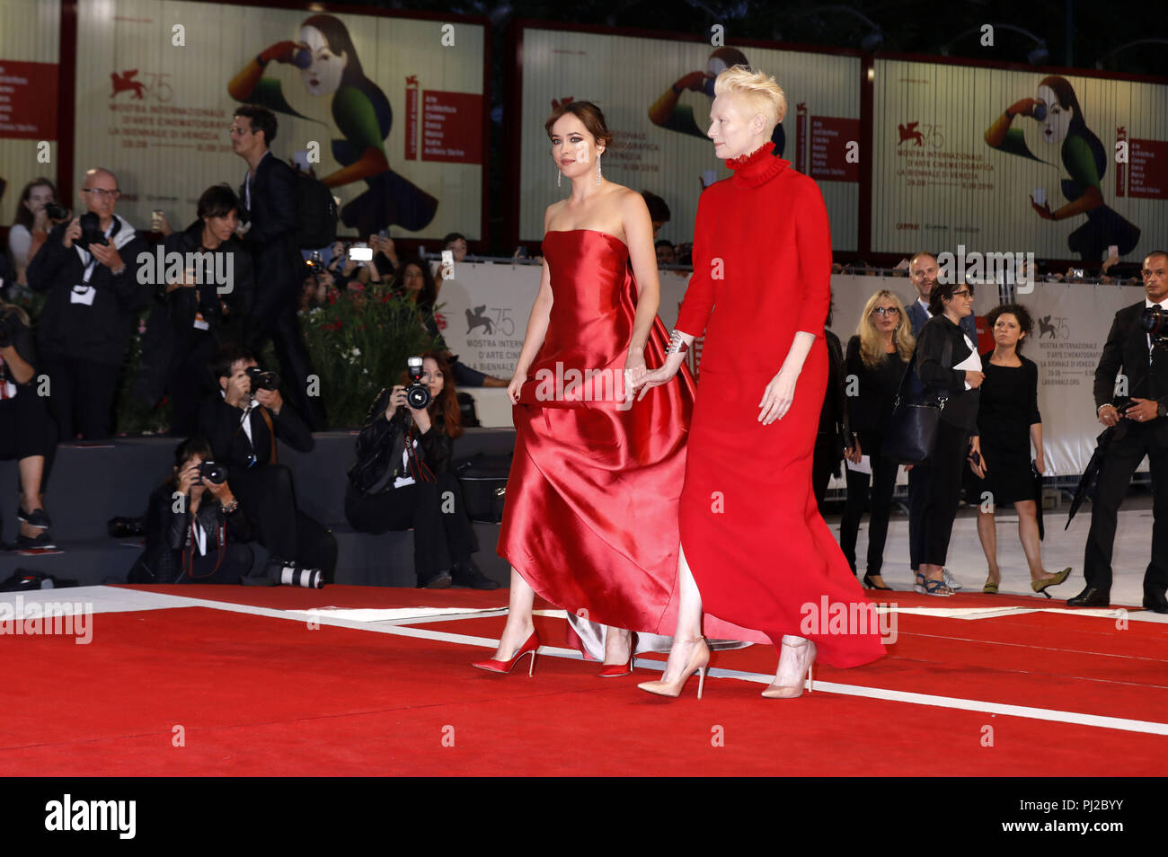 Venice, Italy. 01st Sep, 2018. Dakota Johnson and Tilda Swinton attending the 'Suspiria' premiere at the 75th Venice International Film Festival at the Palazzo del Cinema on September 01, 2018 in Venice, Italy. | Verwendung weltweit Credit: dpa/Alamy Live News Stock Photo