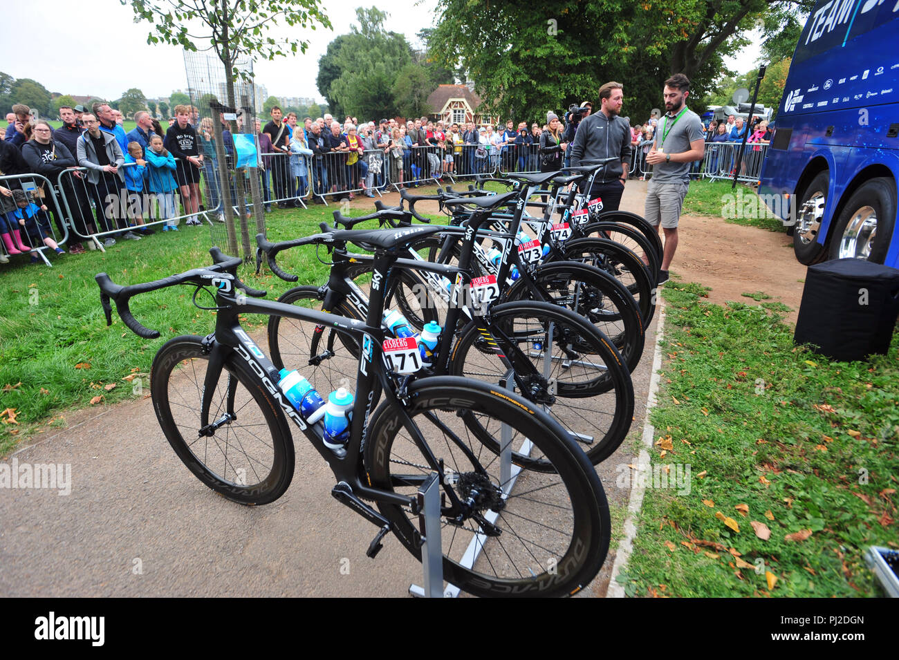 Bristol, UK. 4th Sept 2018. This years Stage 3 Start of the Tour of Britain , OVO Energy cycle race. Bristol to Bristol. Race started on The Downs at Ladies Mile . Riders and fans seen at the big start. Robert Timoney/Alamy/Live/News Credit: Robert Timoney. Stock Photo