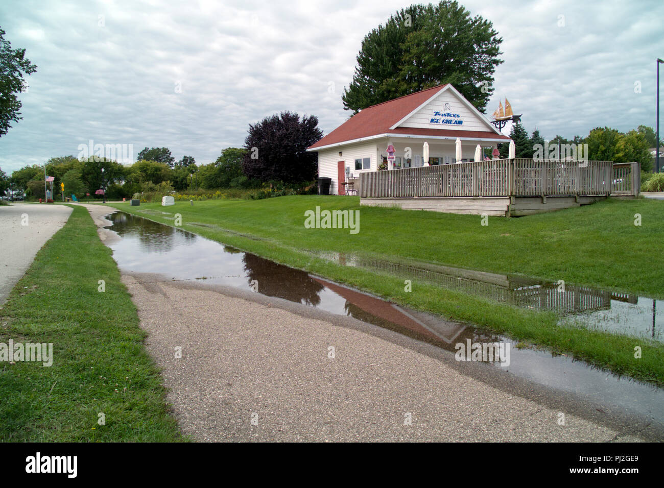 Standing water in Montague, Michigan after several days of heavy August rain. Stock Photo
