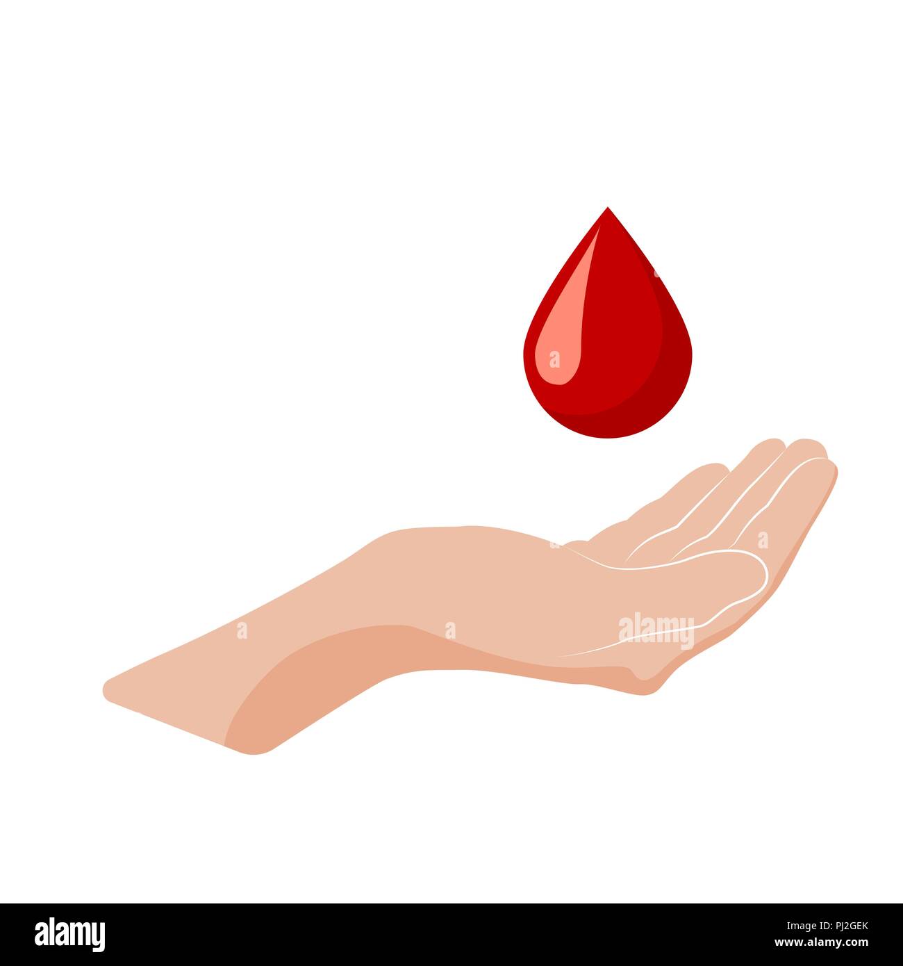 Hand donate blood. World blood donor day concept. Red drop symbol of volunteer blood donation. Vector cartoon illustration isolated on white backgroun Stock Vector