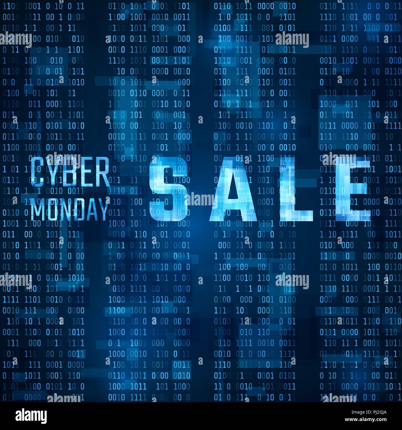 Cyber Monday Sale Promo on Blue Binary Code Background. Vector illustration Stock Vector