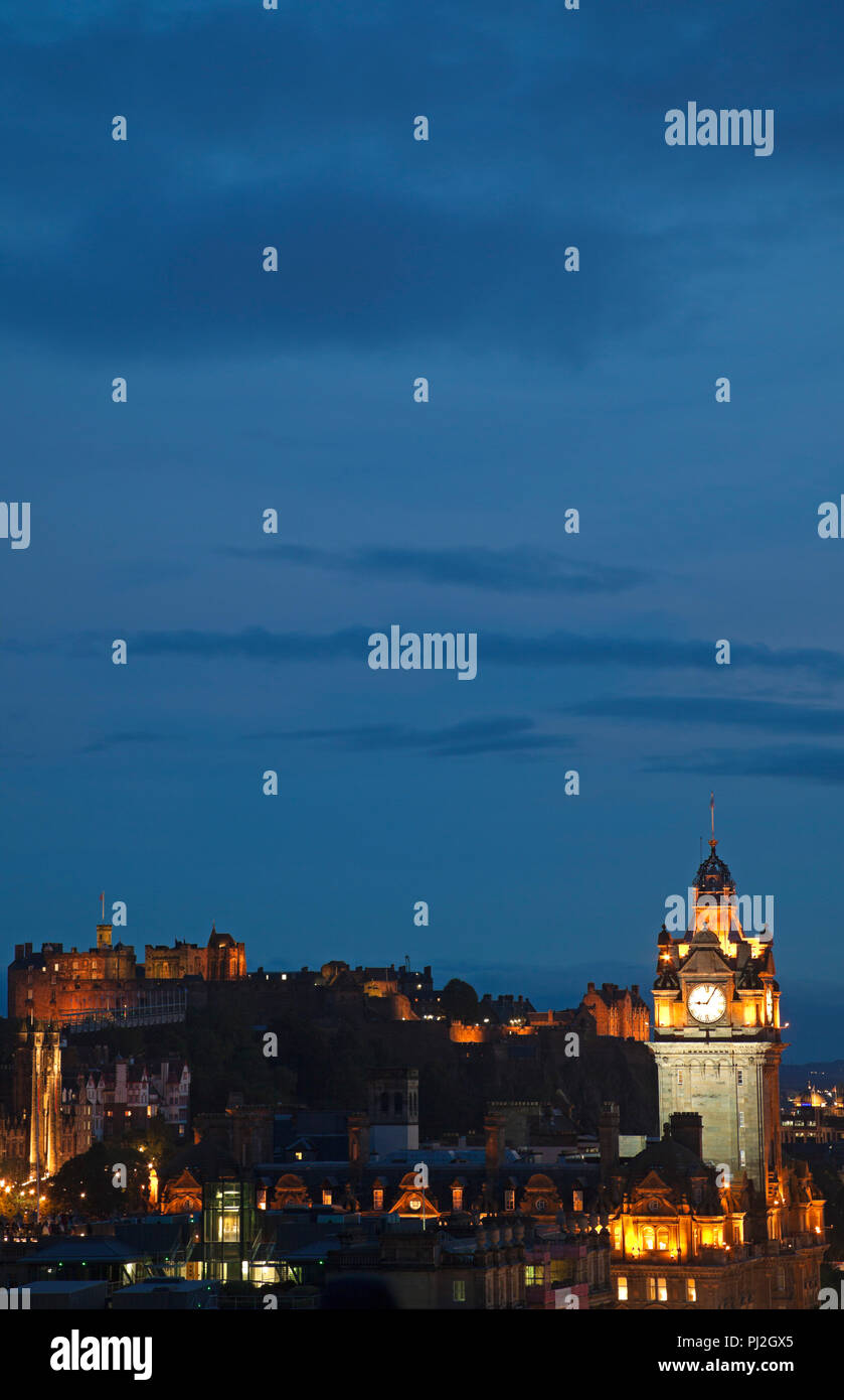 Edinburgh city centre viewed from Calton Hill, with Balmoral Hotel and castle Edinburgh, Scotland. UK, Europe Stock Photo