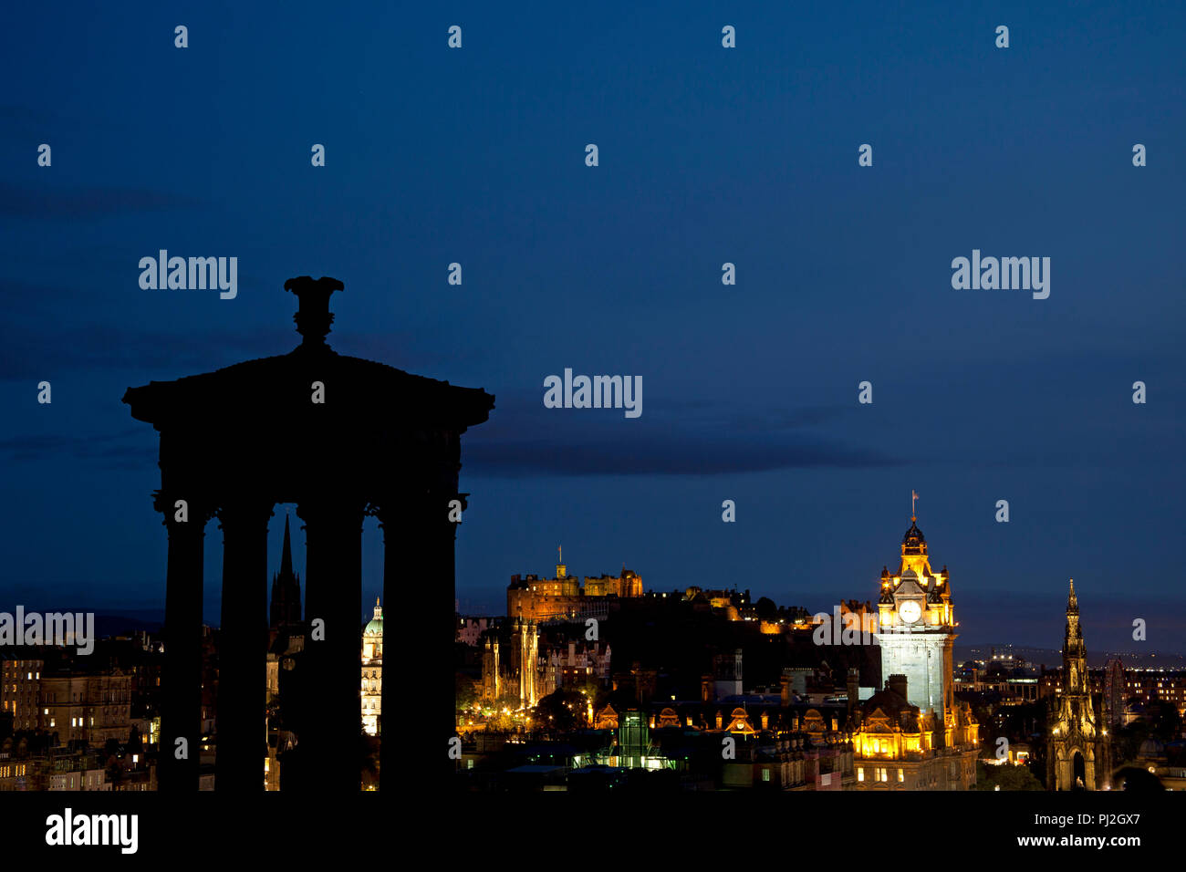 Edinburgh city centre viewed from Calton Hill, with Balmoral Hotel and castle Edinburgh, Scotland. UK, Europe Stock Photo