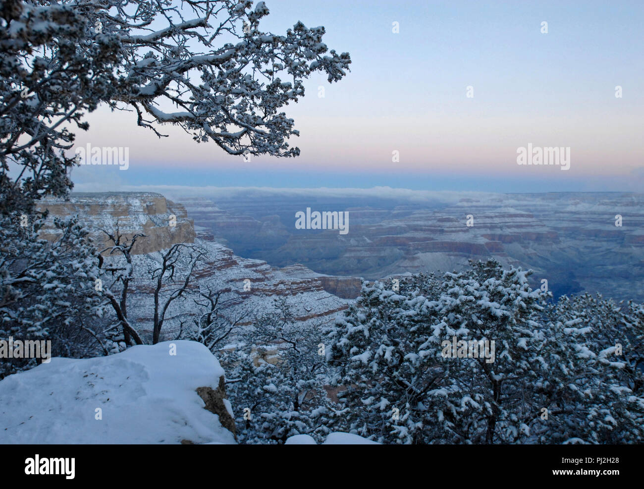 Dawn at Yavapai Point at Grand Canyon National Park in Arizona following a winter storm that left the South Rim covered in snow. Stock Photo