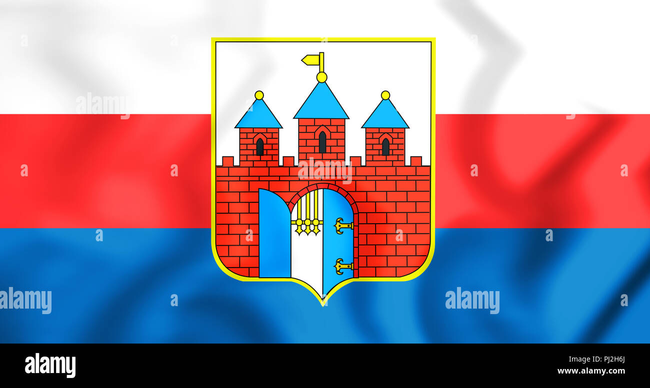 3D Flag of Bydgoszcz (Kuyavian-Pomeranian Voivodeship), Poland. 3D Illustration. Stock Photo