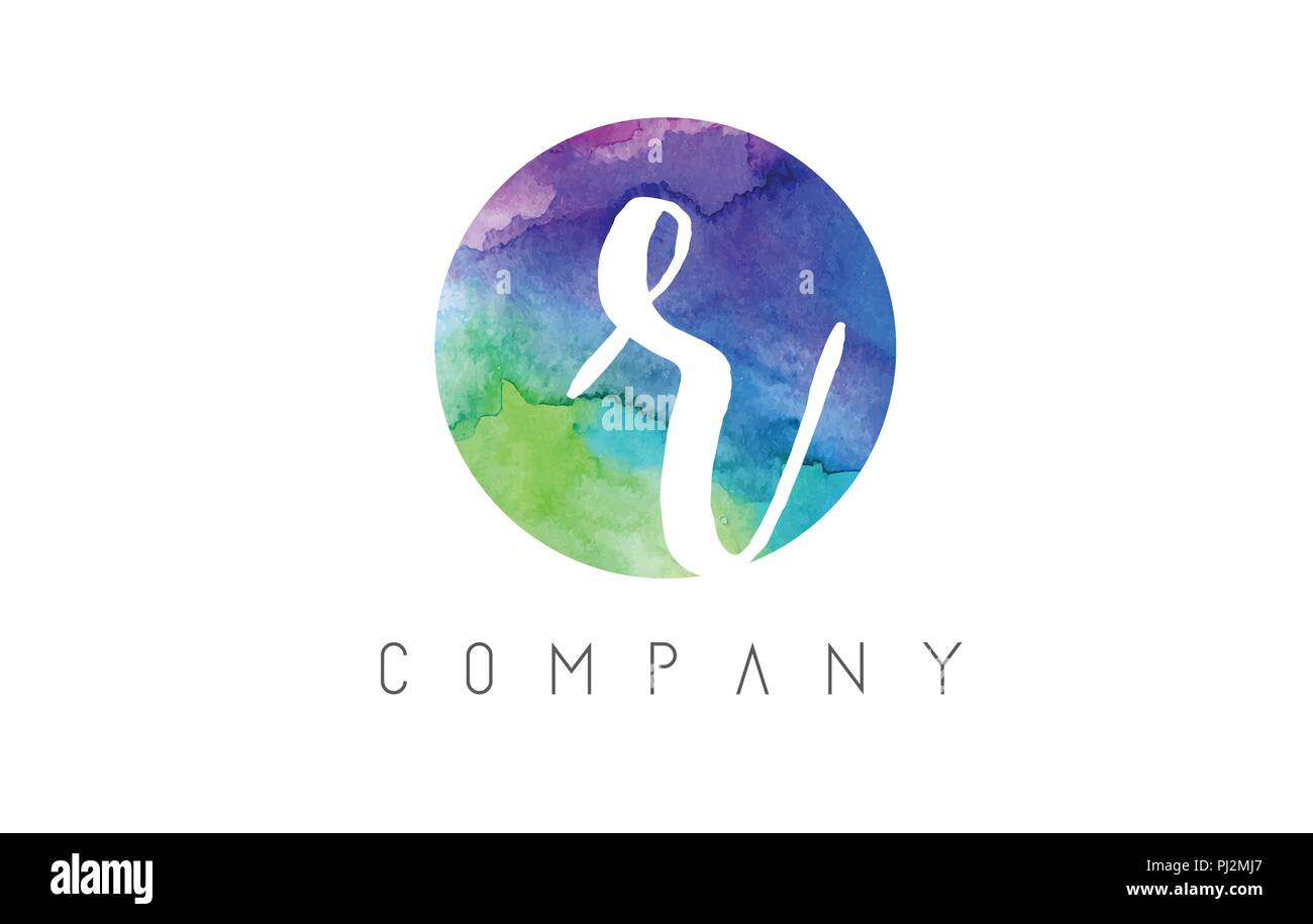 r Watercolor Letter Logo Design with Circular Brush Pattern and Blue ...