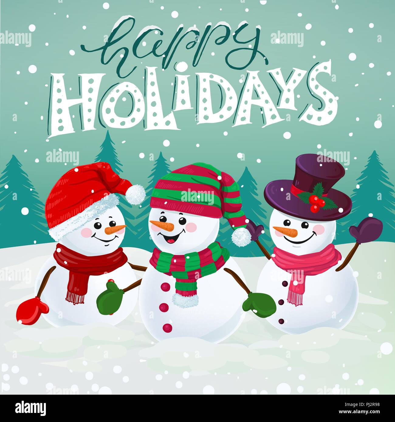 Three funny snowmen in hats, scarfs and mittens on snowy background with  holiday lettering. Happy Holidays. Merry Christmas vector illustration  Stock Vector Image & Art - Alamy