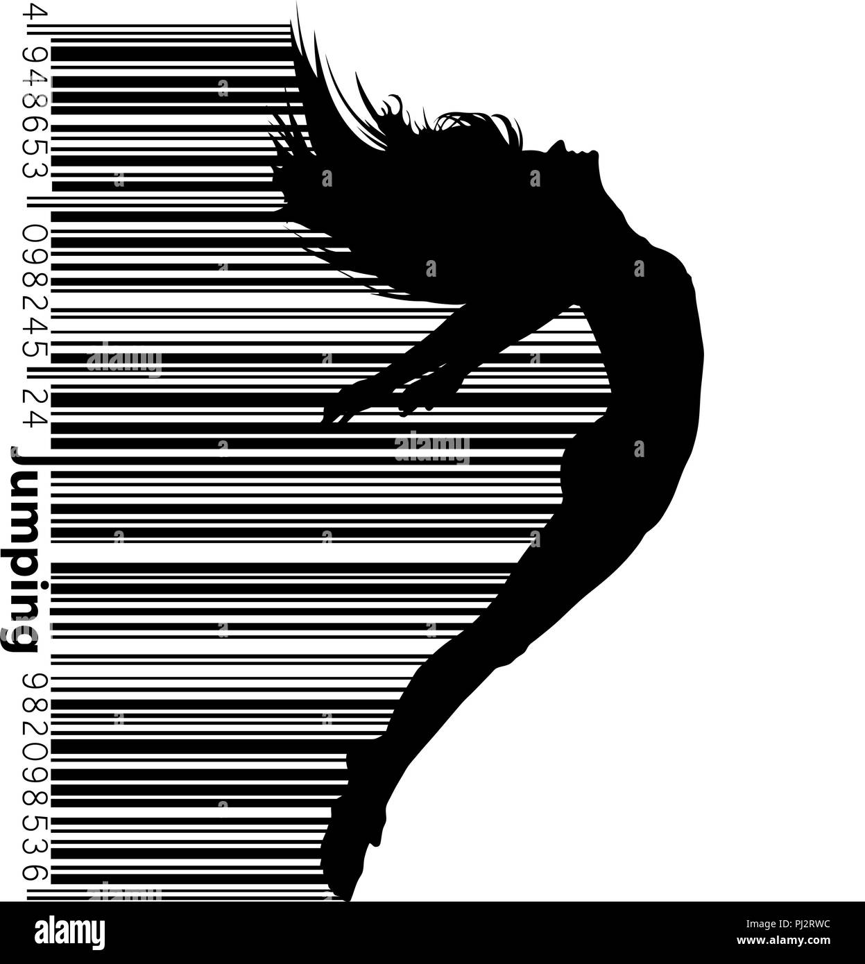 Silhouette of a jumping girl. Text and background on a separate layer, color can be changed in one click. Stock Vector