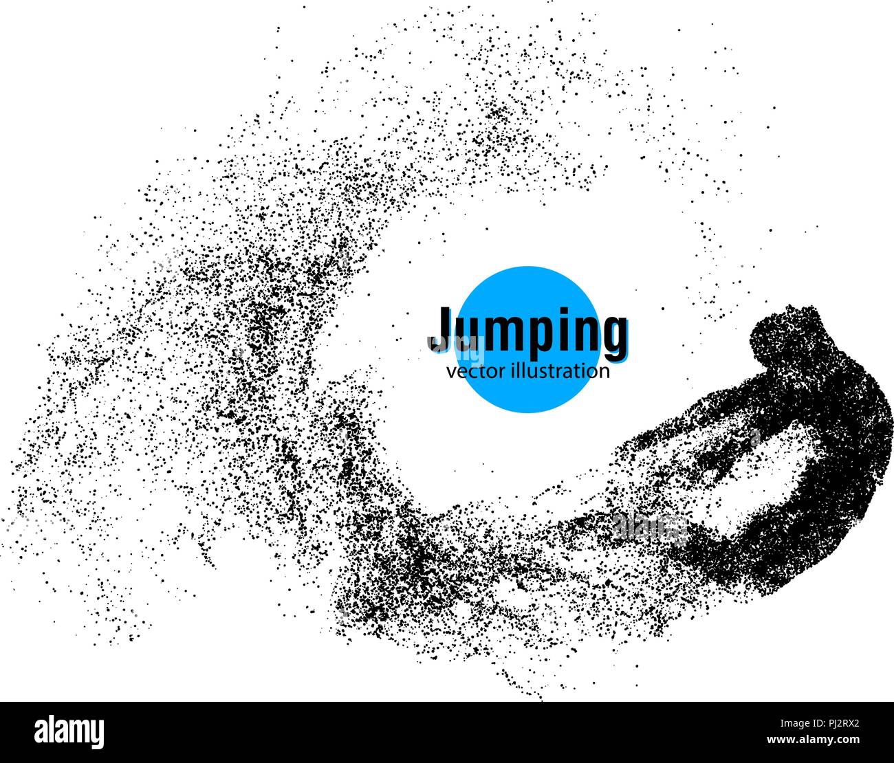 Silhouette of a jumping man from particles. Text and background on a separate layer, color can be changed in one click. Stock Vector