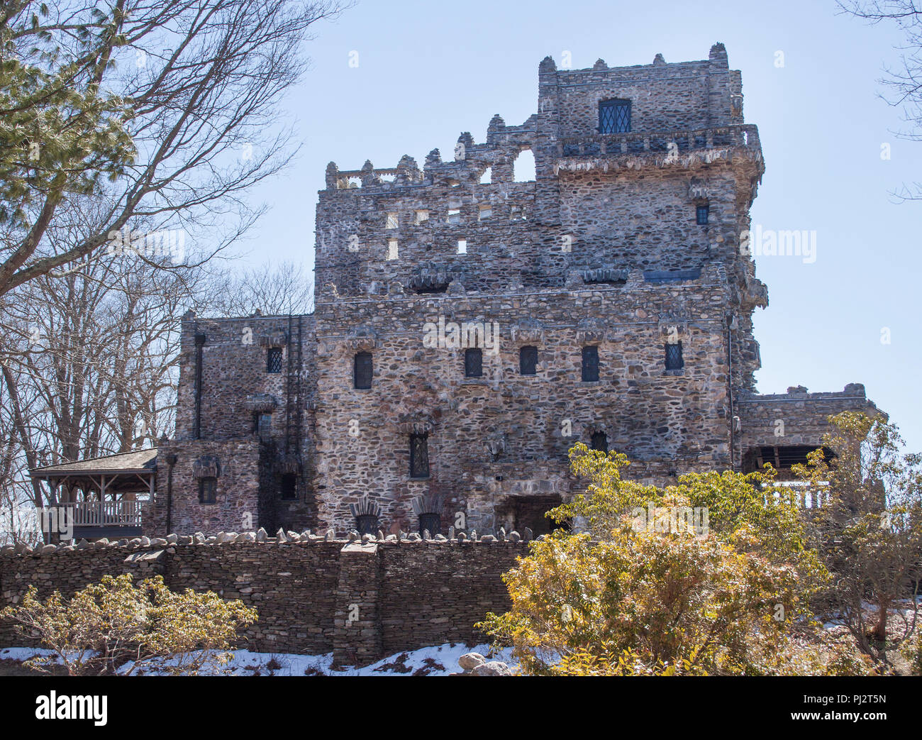 Gillette Castle in Lyme, Connecticut, is a whimsical stone mansion built by actor William Gillette, famed for portraying Sherlock Holmes. Stock Photo