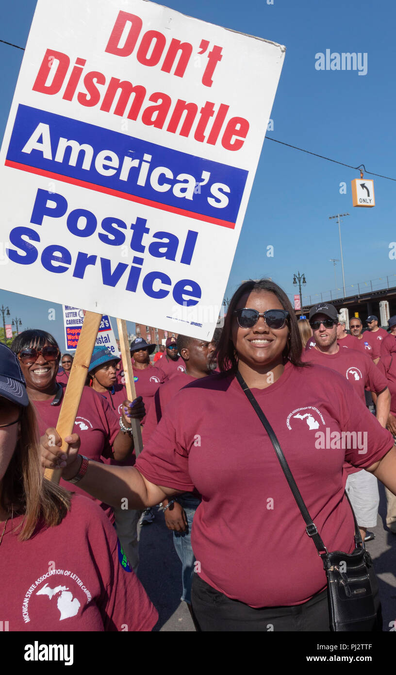 Detroit, Michigan - 3 September 2018 - Members of the American Postal Workers Union march in Detroit's Labor Day parade, protesting President Trump's  Stock Photo