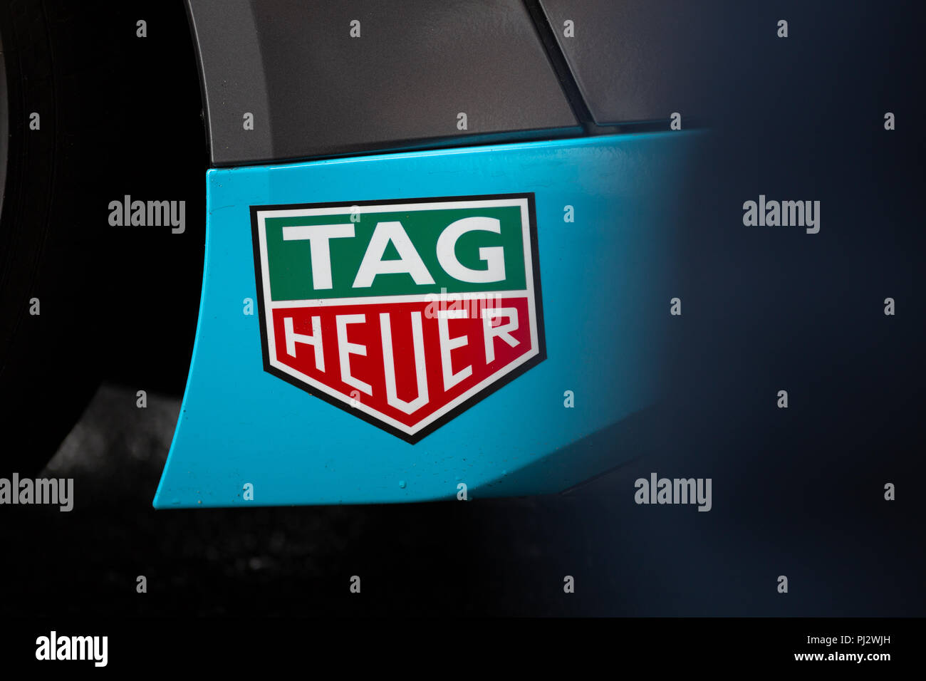 Tag Heuer logo on the front wing of a Formula E car Stock Photo