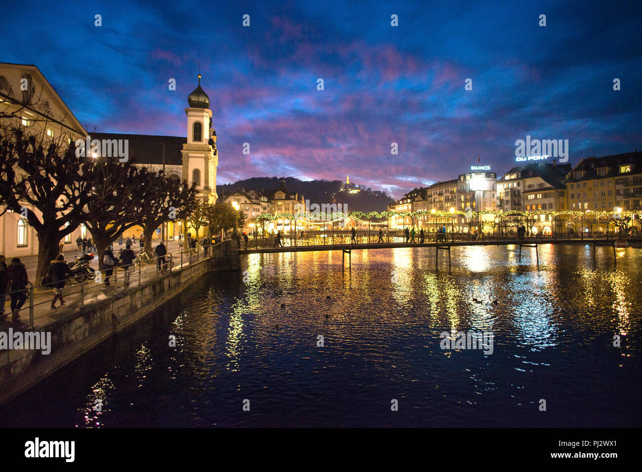 Lucerne onion domes of St. Francis Xavier Jesuit Church and pedestrian