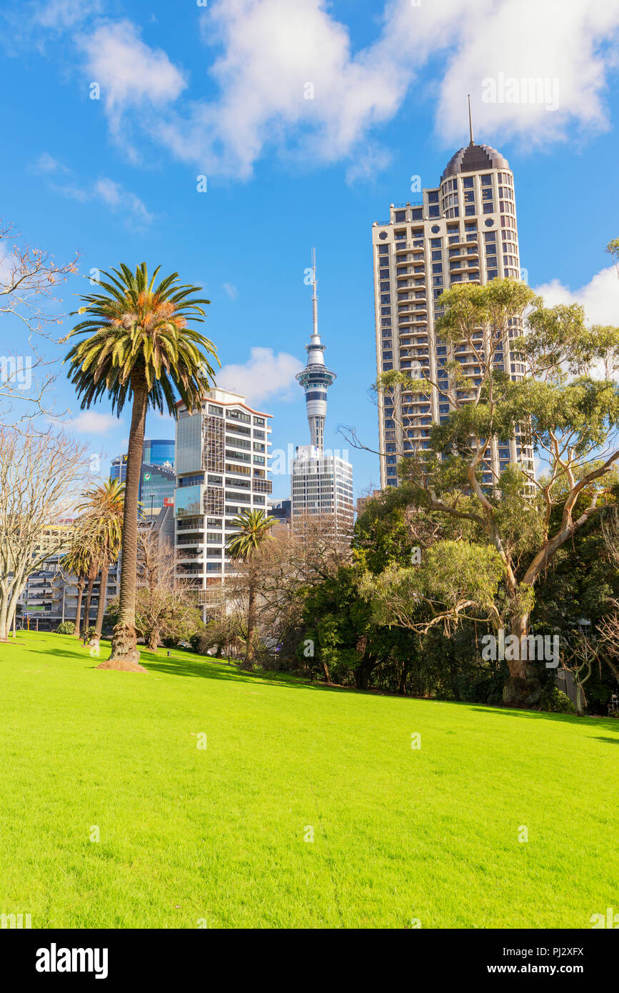 Sky Tower from Albert Park. Auckland, North Island, New Zealand Stock Photo