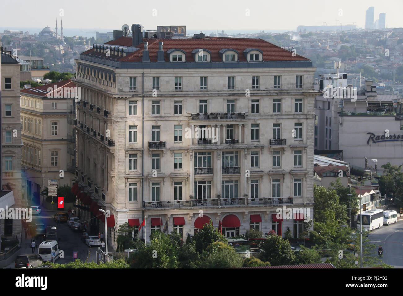 The Pera Palace Hotel, Beyoğlu, Istanbul, Turkey, viewed from the roof terrace of the Grand Hotel De Londres. Stock Photo
