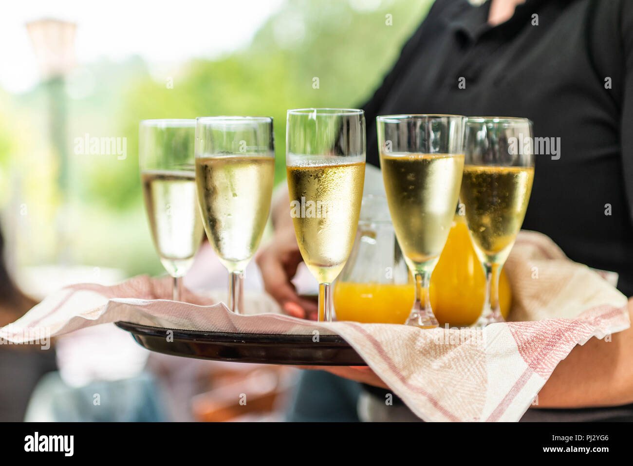 Champagne or sparkling wine in glasses in restaurant served by servant